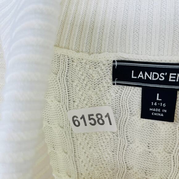 LANDS END Sweater Womens L 14-16 Turtleneck Cable Knit Pullover Cotton Off White - Picture 16 of 16